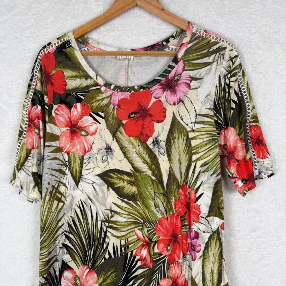 Spense Tropical Floral Dress Women XL Multicolor Shift Hibiscus Ladder Lace Trim - Picture 4 of 10